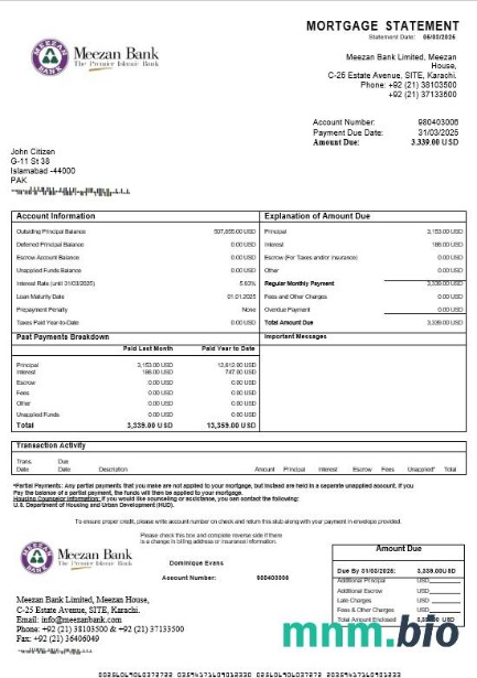 Pakistan Meezan wyciąg z kredytu hipotecznego w formatach Word i PDF